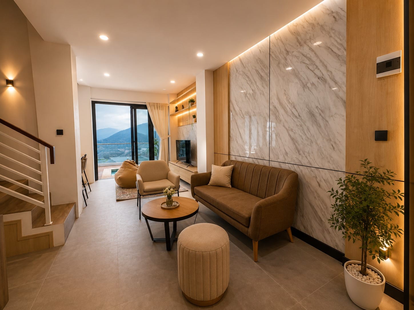 Ruang keluarga Villa Bama Batu dengan view pegunungan